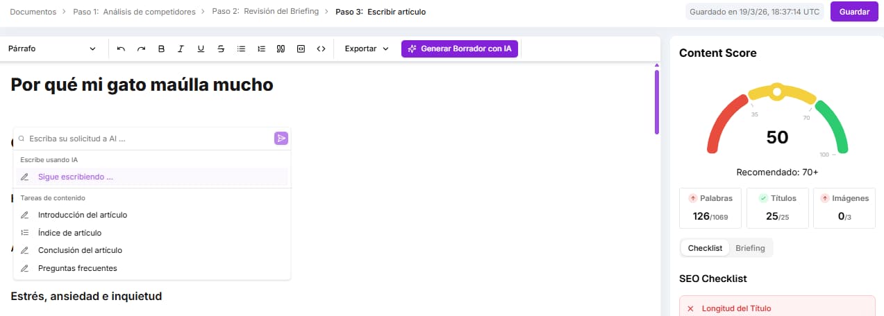 Panel de la sección Escribir Artículo en el Flujo de Contenido de Niara