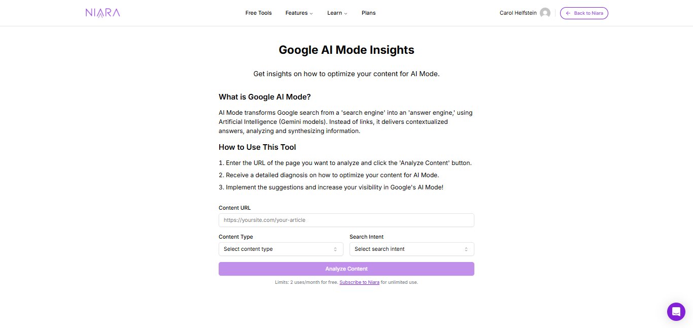 Niara's Google AI Mode Insights Homepage.