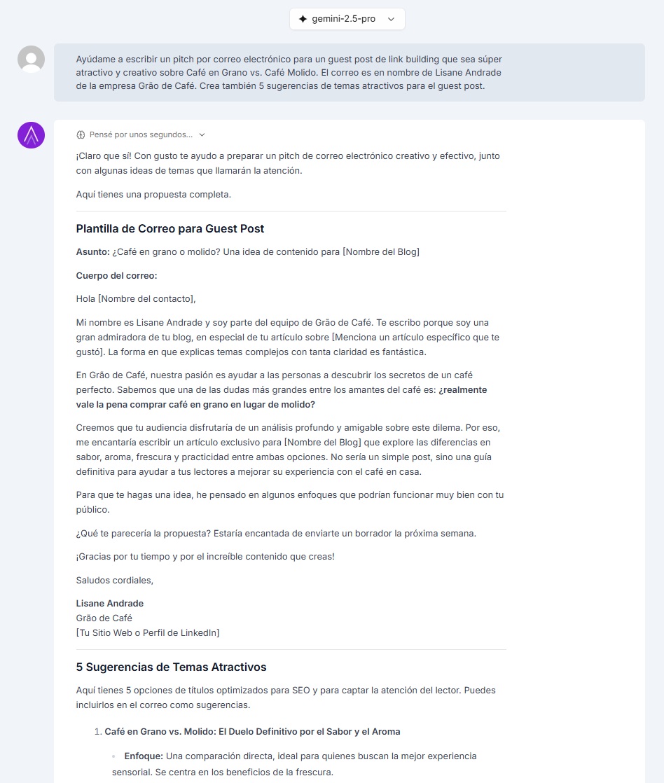 Propuesta de correo para guest post creada por Niara en ChatSEO