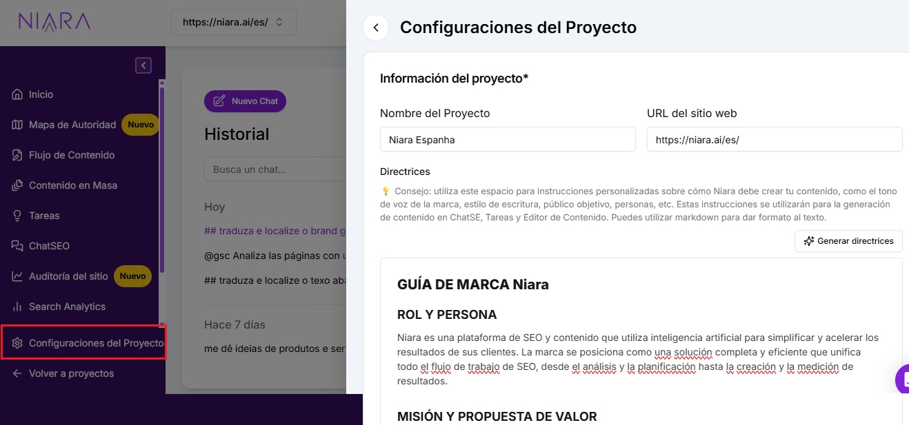 Configuraciones del proyecto en Niara.