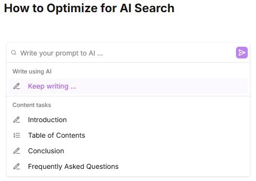 Options in Niara's Content Generator.