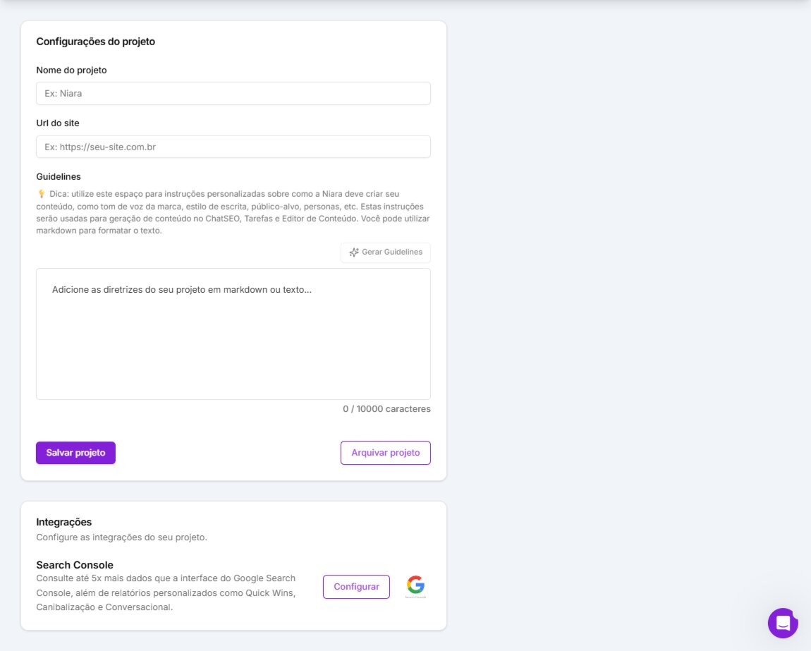 Tela de integração Niara com Google Search Console e guideline da marca.