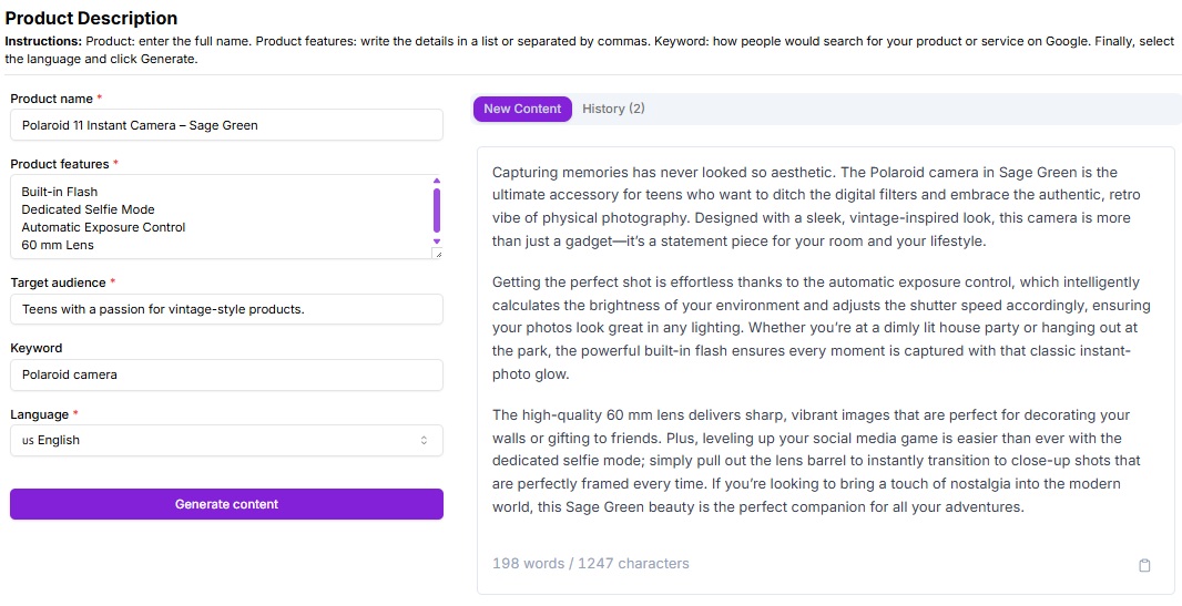 Product description generated by Niara's Task.