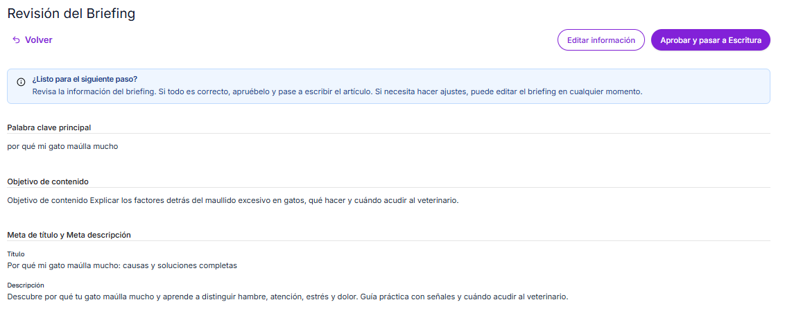 Panel Revisión del Brief en el Flujo de Contenido de Niara.