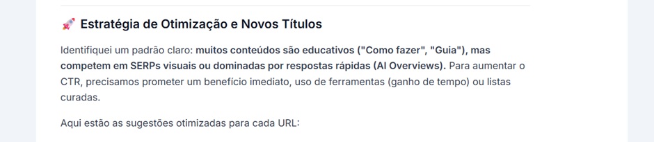 Sugestões de otimização de títulos e conteúdo geradas pela Niara