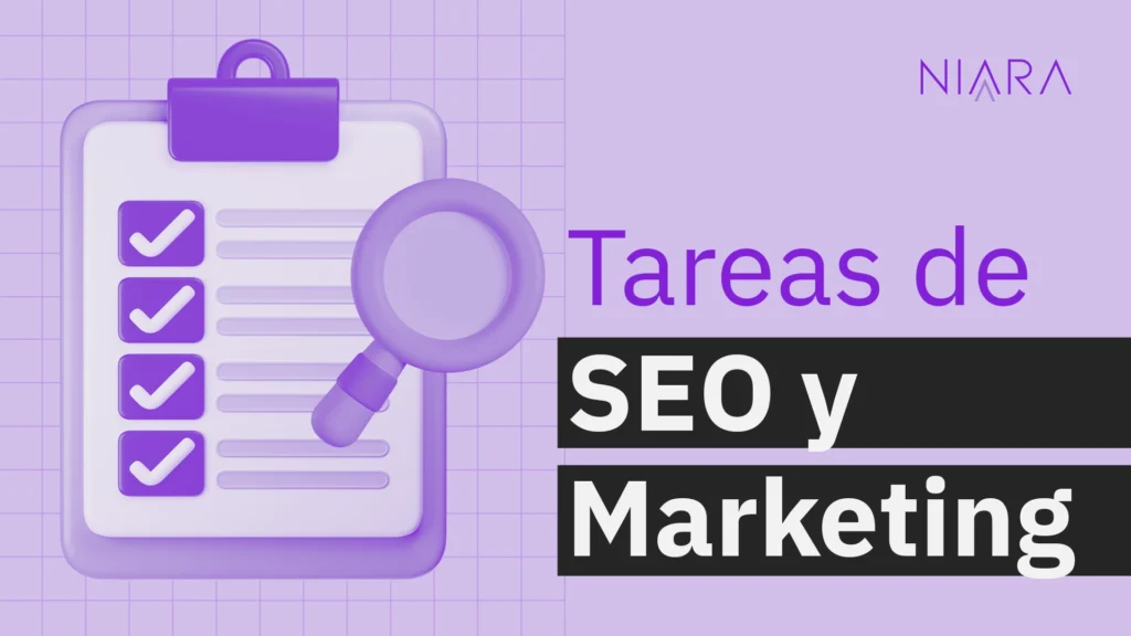 Banner morado con un portapapeles que contiene una lista de verificación con tres casillas marcadas y una lupa encima. A la derecha, texto en español: 'Tareas de SEO y Marketing'.